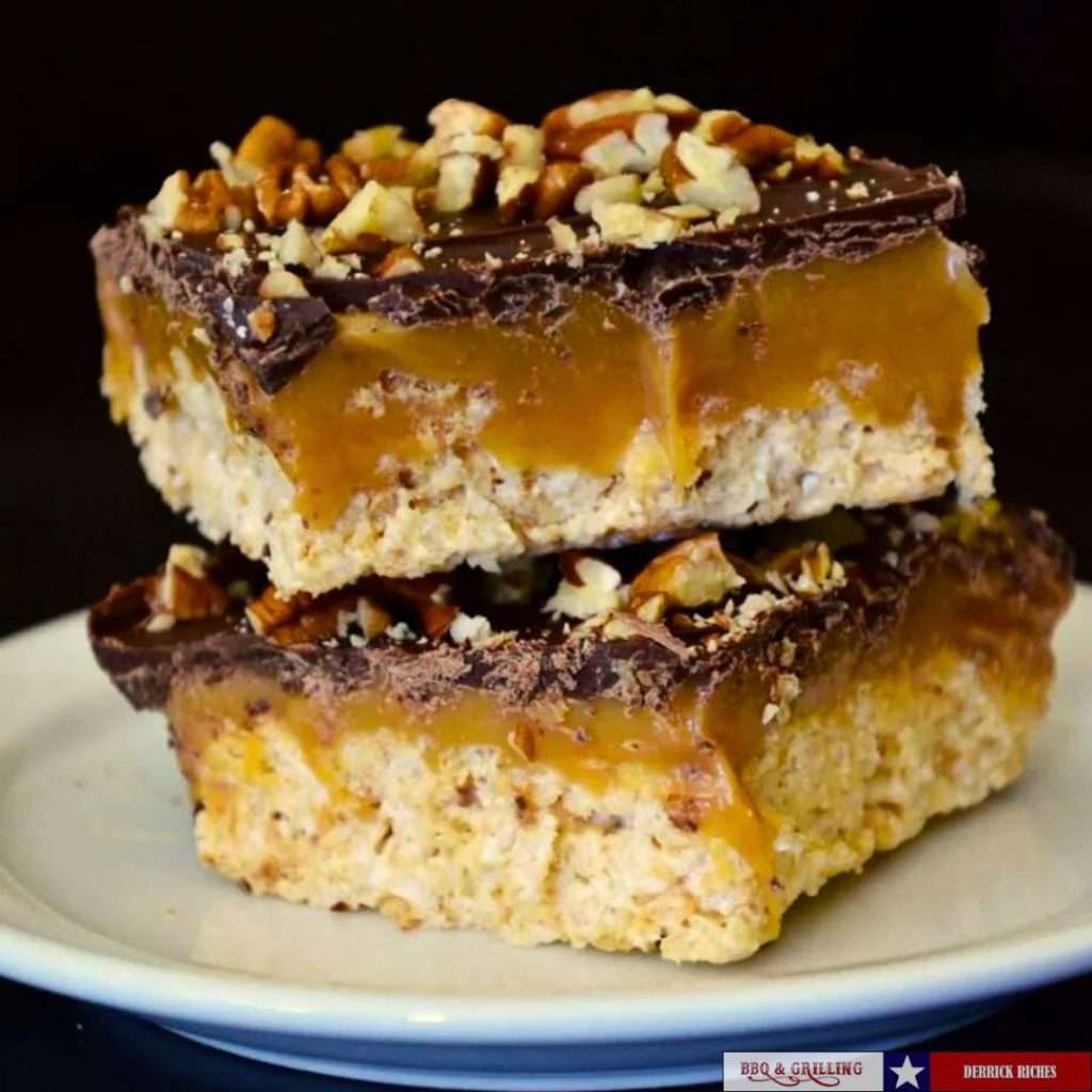 Chocolate-Caramel Rice Krispies Treats on white plate